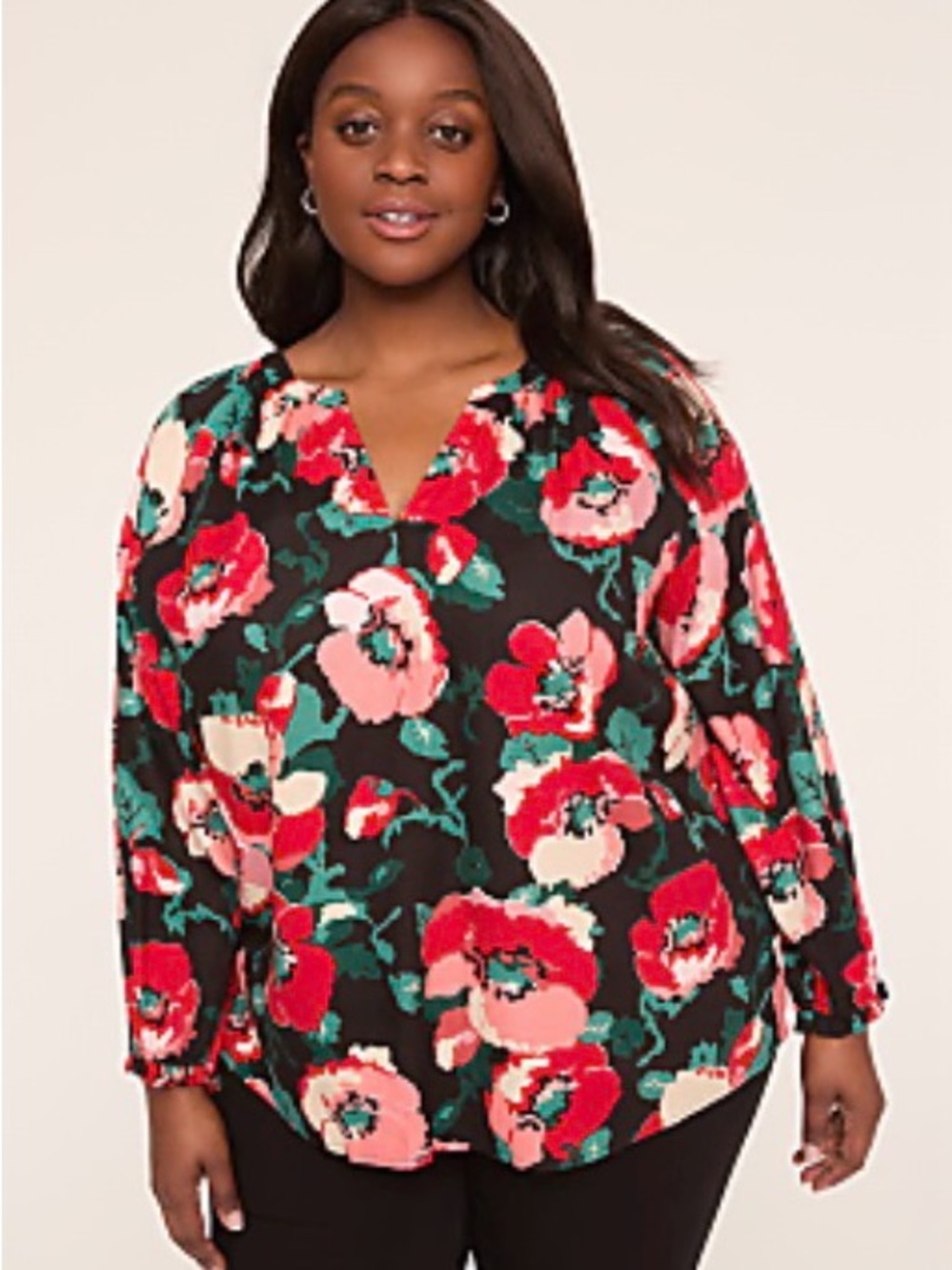 Floral V-Neck Long Sleeve Blouse in Black & Red